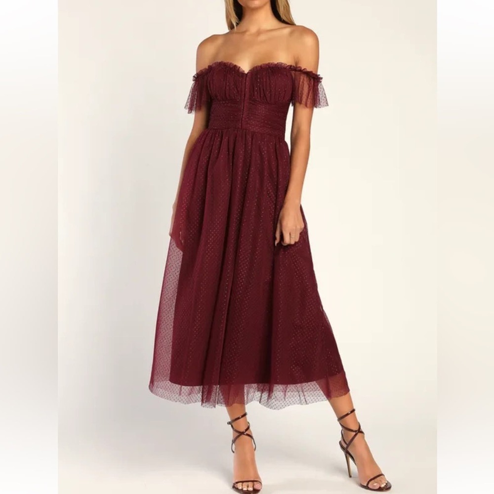 Lulus Regal Radiance Burgundy Tulle Bustier Midi Dress XS